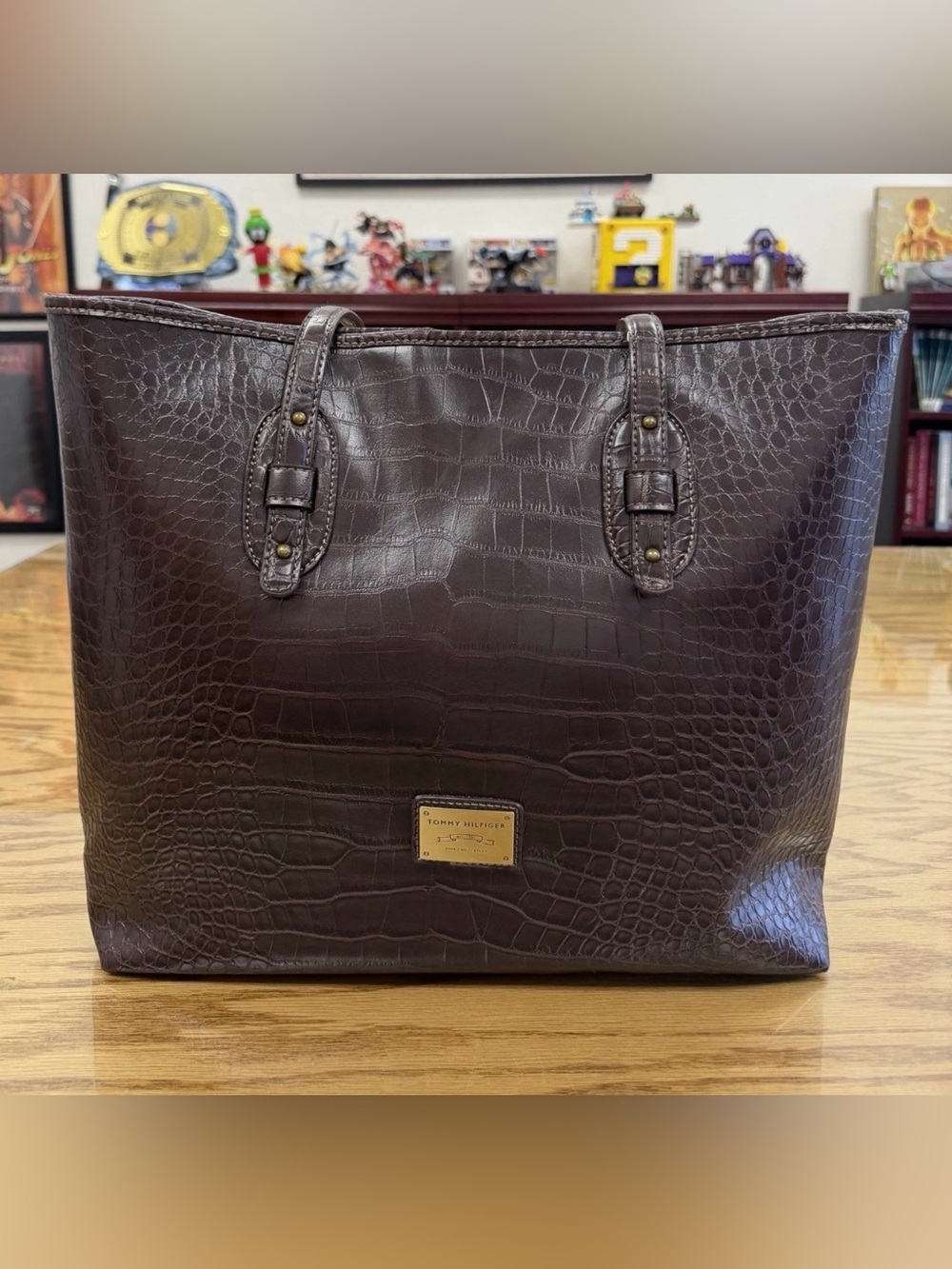 Vintage Tommy Hilfiger Croc Purse Handbag Crocodile Shoulder Bag Brown 14 x 12